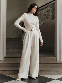 Anewsta 女士立领修身褶皱蕾丝长袖白色衬衫