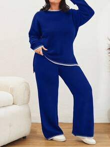 Color Block Edged Long Sleeve Sweater And Knitted Pants Two Pieces Set - Royal Blue - View 4
