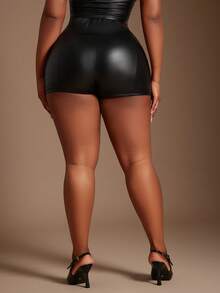 SHEIN SXY 大码夏季宽腰PU骑行短裤 - 黑色 - 查看 6