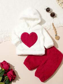 SHEIN 2件套新生女婴暖心爱心刺绣抓绒套装，包括连帽卫衣和裤子，适合秋冬季穿着 - 彩色 - 查看 6