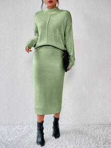 Chiquease 女士休闲针织毛衣和裙子两件套 - 薄荷綠 - 查看 4