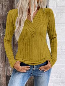 SHEIN LUNE LUNE V领磨毛罗纹女式上衣，跨境电商秋冬新品 - 芥末黃 - 查看 3