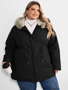 SHEIN CURVE+ Abrigo acolchado con capucha y cordón ajustable en la cintura, unicolor, talla grande y curvilínea - Multicolor - Ver 5