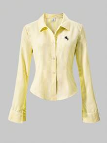 SHEIN 少女印花修身长袖衬衫，秋季上衣 - 黃色 - 查看 3