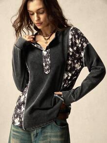 SoleilVie 女士拼接碎花落肩长袖纽扣半开襟休闲宽松卫衣 - 黑色 - 查看 3