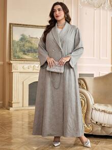 Al Najma 加大码女式纯色长袖开衩仿珍珠装饰休闲长袍 - 灰色 - 查看 7