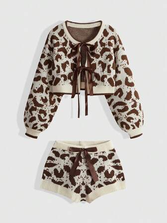 Kawaii 2 pièces/Set Pull femme avec décoration nœud imprimé léopard
