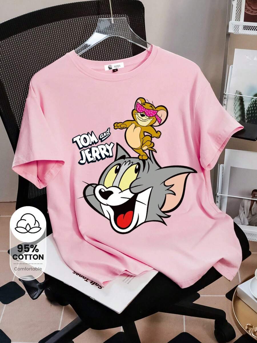 TOM & JERRY X SHEIN 女士休闲可爱卡通汤姆和杰瑞印花短袖 T 恤，夏季