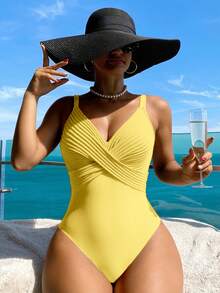 Swim Lushoire 1 pieza Traje de baño de una sola pieza con frente cruzado de tela a rayas especial - Amarillo - Ver 3