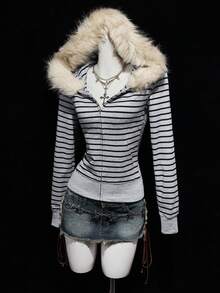 SHEIN ICON 女士Y2K斑马纹抓绒连帽拉链修身休闲长袖卫衣，冬季女装，秋季女装，动漫女装 - 灰色 - 查看 3