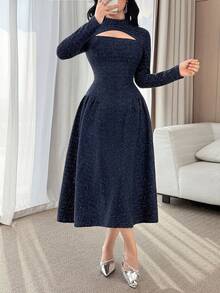 Feyla 女士时尚优雅镂空中长连衣裙 - 藏蓝色 - 查看 1