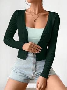 Women's Casual V-Neck Button Down Lightweight Cardigan, Solid Color, Slim Fit, Versatile For Daily Commute, Autumn - Dark Green - View 6