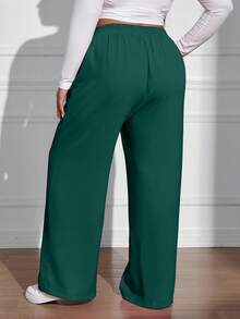 EURMUSE Plus Size Casual Solid Color Elastic Waist Straight Leg Pants, Autumn - Dark Green - View 2