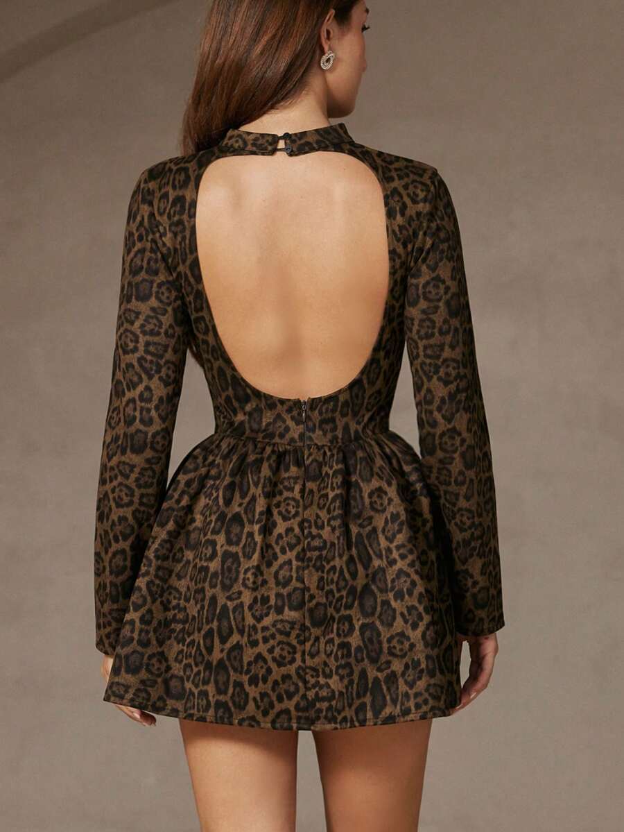 BELROSIE Sexy Y2K Backless Leopard Print Suede Ruched Long Sleeve Dress - Multicolor - View 1
