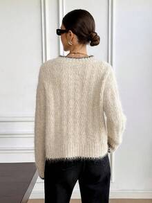 SHEIN Frenchy Women's Casual  Contrast Color V-Neck Drop Shoulder Long Sleeve Sweater, Autumn/Winter ,Autumn/Winter For Women,Going Out ,Chic Sweater, Fall For Women,New Year ,Party,Graduation ,Casual, Prom ,Going Out Tops Winter Casual, All Season ,New Year Clothes,Sweaters For Women - Multicolor - View 3