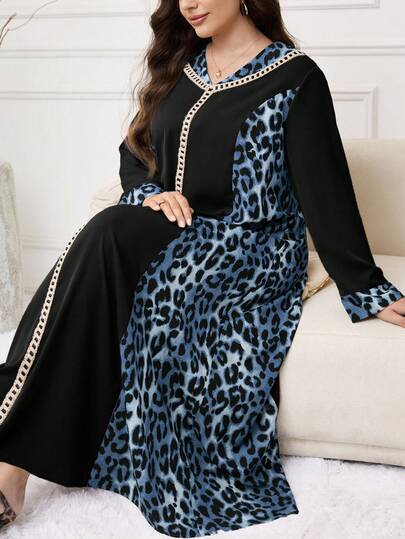 Al Najma Plus Size Women Leopard Print Patchwork Arabic Style Dress