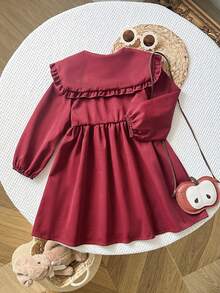 Playful Pals Young Girl' Casual Pleated Collar Long Sleeve A-Line Dress, Burgundy, Suitable For Valentine's Day, Everyday Wear, Outings And Gatherings