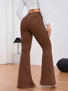 SHEIN Tall Women's Casual Washed High Waist Flare Jeans - Coffee Brown - View 2