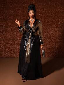 Maweii Robe de cocktail élégante à manches longues, col en V et taille froncée, grande taille, rouge pour le réveillon de Noël - Multicolore - Voir 4