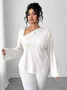 Elenzga Áo sơ mi nữ cổ chéo hở xẻ sau lưng cỡ lớn - trắng - Xem 4