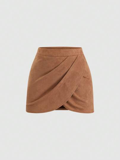 Sweetra Asymmetrical Suede Skirt For Women, New Stylish High Waist Bodycon Mini Skirt, Retro Chic, Autumn/Winter