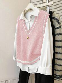 Franclia French Retro Loose V-Neck Sleeveless Contrast Trim Gray Knit Vest, Suitable For Women In Autumn/Winter - Pink - View 5