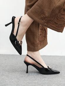CUCCOO BIZCHIC 女士新款黑色漆皮金属扣尖头高跟鞋，细带凉鞋，优雅百搭，适合派对、圣诞节、新年夜等场合。 - 黑色 - 查看 4