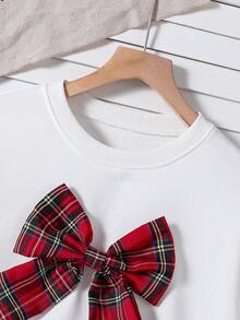 SHEIN Explorewe Teen Girl Round Neck 3D Bow Sweatshirt And Plaid Skirt Casual School Girl Outfit - Red - View 3