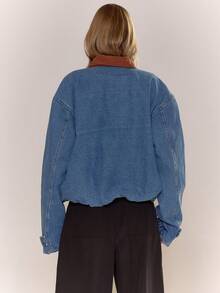 MUSERA Chaqueta Bomber de Mezclilla Oversized con Cuello de Cuero Sintético y Cremallera Completa, Estilo Cottage Core, Linda y Acogedora, para Otoño, Invierno, Primavera, Verano, Vacaciones, Country Calling, Y2K - Azul - Ver 2