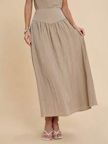 COSMINA Women's Light Khaki Crinkled Textured Fabric Maxi Casual Skirt,Casual For Women - Khaki - View 1