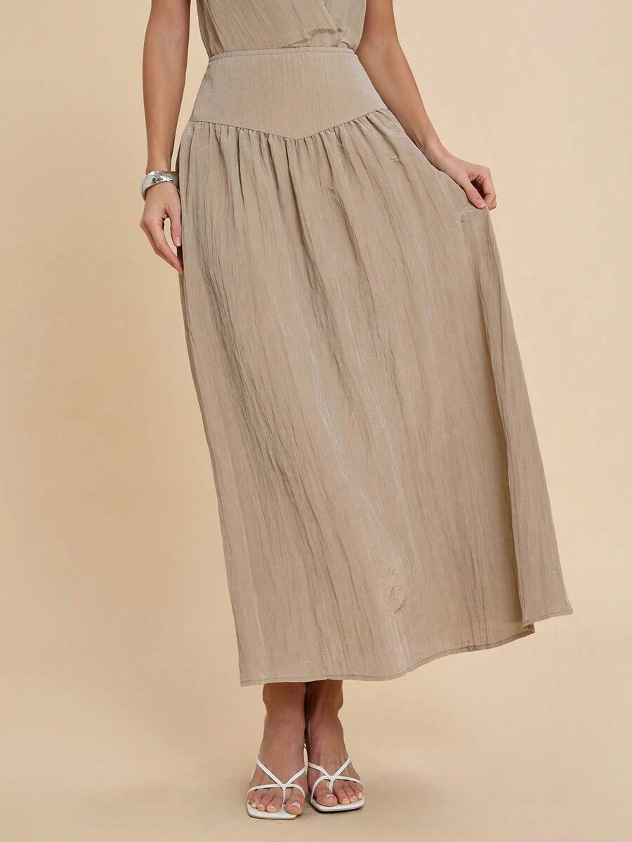 COSMINA Women's Light Khaki Crinkled Textured Fabric Maxi Casual Skirt,Casual For Women - Khaki - View 1