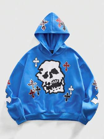 Felpa con cappuccio casual da uomo con stampa teschio a maniche lunghe