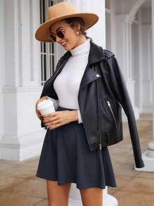 EURMUSE Women High Waist Flared Casual Short Skirt - Black - View 5