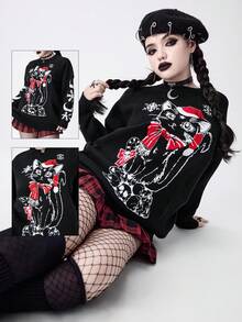 ROMWE Gothic Dark Mysterious Cat Skeleton Christmas Intarsia Loose Pullover Sweater - Black - View 1