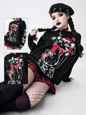 Goth Gotischer, dunkel-mysteriöser Katzenskelett Weihnachts-Intarsia Oversize Pullover