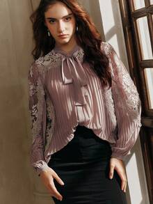 SHEIN Unity 新款优雅宽松褶皱雪纺长袖衬衫，法式复古蕾丝拼接衬衫，适合春季、夏季、度假、派对、情人节等场合。 - 粉色 - 查看 4
