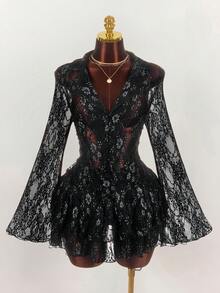 Amplova Frauen Große Größen Blumen Spitze Kragen Glockenärmel Einreiher Top und Rüschen Saum Mini Rock Sexy 2-Teiliges Set - Kaffeebraun - Übersicht 1