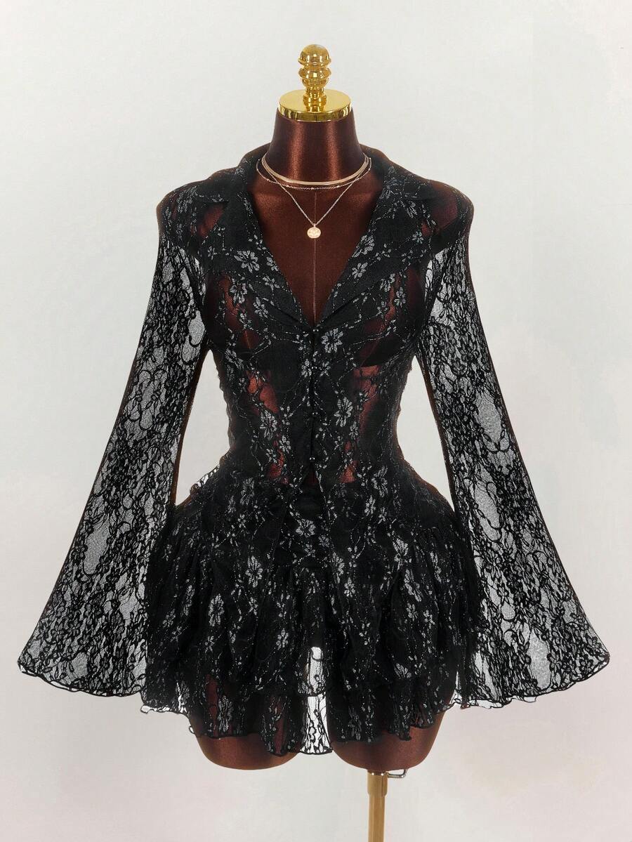 Amplova Frauen Große Größen Blumen Spitze Kragen Glockenärmel Einreiher Top und Rüschen Saum Mini Rock Sexy 2-Teiliges Set - Kaffeebraun - Übersicht 1