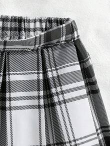 2pcs/Set Young Girls Numeric Print Round Neck Short Sleeve Top & Plaid Skirt - Grey - View 4