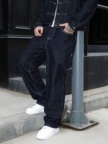 Manfinity EMRG Jeans larghi e comodi da uomo con ricamo sulla tasca posteriore, blu navy