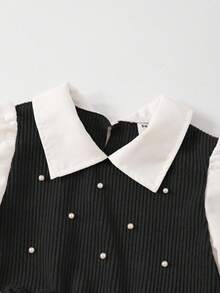 SHEIN ChillGRL Teenage Girls' Casual Shirt Set, Featuring Burgundy Bow Design, Pearl Beaded Knit Fabric, White Long Sleeve Ruffle Hem Blouse Top Paired With Burgundy Pearl Beaded Knit Fabric Flared Pants, Suitable For Casual, Commute, Travel, Party, Photoshoot, Back To School Season Girls Outfit Girls Clothes Sets Girls Flare Pants Set Teenage Girls Spring And Autumn Suit Girls Pant And Shirt Set Teenage Girl Clothes Sets Pants Shirt 3pcs Sets Teen Girls Sets Girls Pants And Shirt Sets - Black - View 4