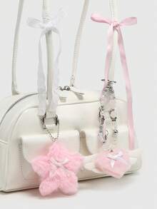 ROMWE Kawaii Túi đeo vai kẻ caro phong cách cổ điển dễ thương dành cho nữ có nơ, họa tiết anh đào và trái tim, túi Boston nhiều ngăn, túi đi học, đi dạo phố và túi Nhật Bản dành cho nữ - Ngọc trai trắng - Xem 3