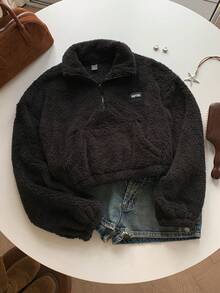 Comfortcana Sudadera con media cremallera, bolsillo canguro y detalles de parche de letra, con espalda afelpada, manga larga, para otoño/invierno - Negro - Ver 3