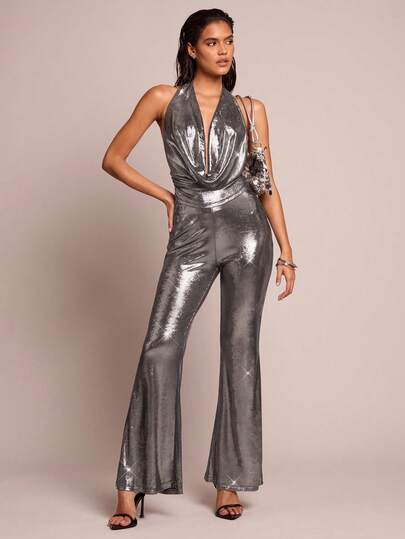 SHEIN Glamour 女士深V领露背系带上衣，性感修身喇叭裤迪斯科派对套装，女士金属色两件套，女士金属风套装，感恩节服装，女士万圣节服装，女士闪亮两件套派对套装