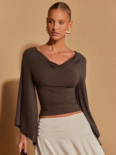 COSMINA 女士优雅T恤，不对称领口设计，不对称袖口，适合通勤、派对、工作、鸡尾酒会、约会、情人节等场合，棕色，时尚之选，优雅长袖T恤