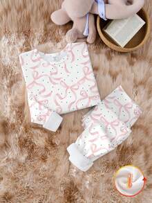 2pcs/Set Girls Butterfly Print Knitted Elastic Fleece Fabric Thick Winter Round Neck Long Sleeve Top And Leggings Homewear Set Snug Fit - Multicolor - View 4