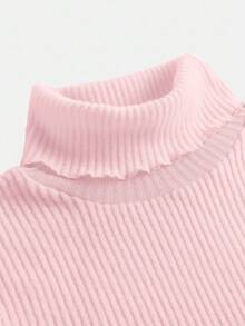 Tween Girls Solid Color Knit Turtleneck Casual Slim Fit Ribbed Pullover T-Shirt,Light Pink Winter School Versatile Layering Top Long Sleeve Ribbed Top - Pink - View 4
