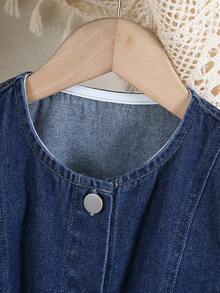 Elladie kids 少女Y2K风格两件套，少女牛仔套装 - 复古深蓝色牛仔短款蝴蝶结背心搭配复古深蓝色宽松直筒牛仔裤，时尚休闲装扮 - 深色水洗藍 - 查看 7