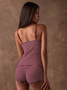 SHEIN BAE 秋冬季简约休闲条纹针织修身吊带背心，基础款上衣，商务休闲女装，冬季女装，圣诞节，时尚女装，酒红色上衣，新年上衣，红色女装，吊带背心 - 紫紅色 - 查看 2
