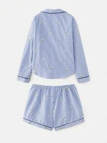 lacRébo Women's Striped Drop Shoulder All-Over Print Long Sleeve Comfortable Pajama Set - Blue and White - View 7